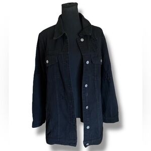 Oversized Black Denim Distressed Trucker Jacket  L